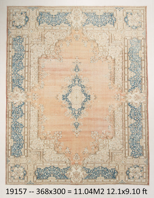 10' x12' Vintage Antique Persian Style Rug, Brown & Blue | Handmade