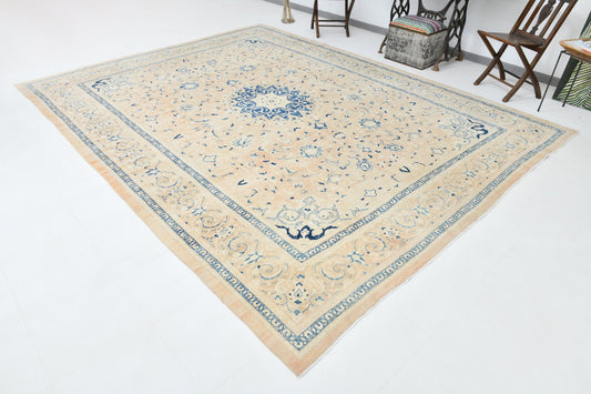 10' x12' Vintage Antique Persian Style Rug, Beige & Blue | Handmade